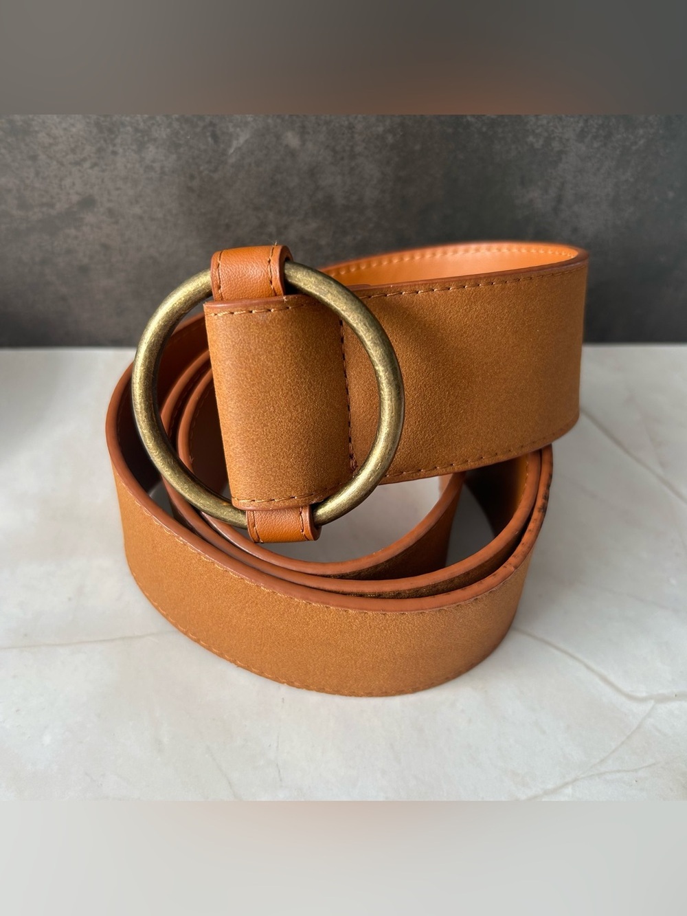 Brown Suede Belt with Antiqued Tone Metal Ring Buckle